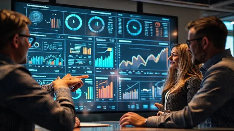 A photorealistic, professional photography, 8K, cinematic lighting, sharp focus, depth of field, shot on a high-end DSLR, of a team collaborating around a large, interactive digital dashboard displaying complex innovation metrics and trend analyses. The data is visually appealing and easy to interpret, with clear graphs and charts, and team members are pointing and discussing insights with engaged expressions, symbolizing clarity from data, not overwhelm. A photorealistic, professional photography, 8K, cinematic lighting, sharp focus, depth of field, shot on a high-end DSLR, of a team collaborating around a large, interactive digital dashboard displaying complex innovation metrics and trend analyses. The data is visually appealing and easy to interpret, with clear graphs and charts, and team members are pointing and discussing insights with engaged expressions, symbolizing clarity from data, not overwhelm.
