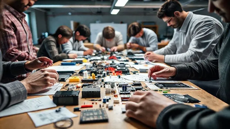 A photorealistic, professional photography, 8K, cinematic lighting, sharp focus, depth of field, shot on a high-end DSLR, of a diverse group of innovators actively engaged in rapid prototyping, with various materials like 3D prints, circuit boards, and sketches spread across a workbench. Hands are busy assembling and testing, reflecting a dynamic, iterative process of bringing future concepts to life, with a sense of energy and experimentation. A photorealistic, professional photography, 8K, cinematic lighting, sharp focus, depth of field, shot on a high-end DSLR, of a diverse group of innovators actively engaged in rapid prototyping, with various materials like 3D prints, circuit boards, and sketches spread across a workbench. Hands are busy assembling and testing, reflecting a dynamic, iterative process of bringing future concepts to life, with a sense of energy and experimentation.