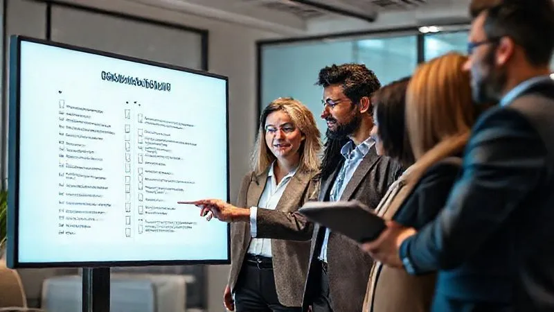 A photorealistic image of a diverse professional team collaborating around a large digital screen displaying a compliance checklist, with a legal professional pointing to a key regulation, soft office lighting, sharp focus on the team and screen, depth of field, 8K hyper-detailed. A photorealistic image of a diverse professional team collaborating around a large digital screen displaying a compliance checklist, with a legal professional pointing to a key regulation, soft office lighting, sharp focus on the team and screen, depth of field, 8K hyper-detailed.