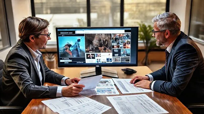 A photorealistic image of a marketing team leader and a legal counsel collaboratively reviewing a digital ad campaign on a large monitor, with documents spread out on the table. The atmosphere is professional and strategic, bathed in warm, collaborative office lighting, sharp focus on their interaction, depth of field, 8K hyper-detailed. A photorealistic image of a marketing team leader and a legal counsel collaboratively reviewing a digital ad campaign on a large monitor, with documents spread out on the table. The atmosphere is professional and strategic, bathed in warm, collaborative office lighting, sharp focus on their interaction, depth of field, 8K hyper-detailed.