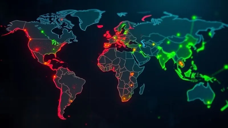 A photorealistic image depicting a world map with various interconnected nodes representing supply chain hubs. Some nodes are highlighted in red with jagged lines, symbolizing trade barriers and geopolitical tension, while other nodes are green, showing open trade routes. Professional photography, 8K, cinematic lighting, sharp focus on the illuminated map, depth of field blurring the background, shot on a high-end DSLR.