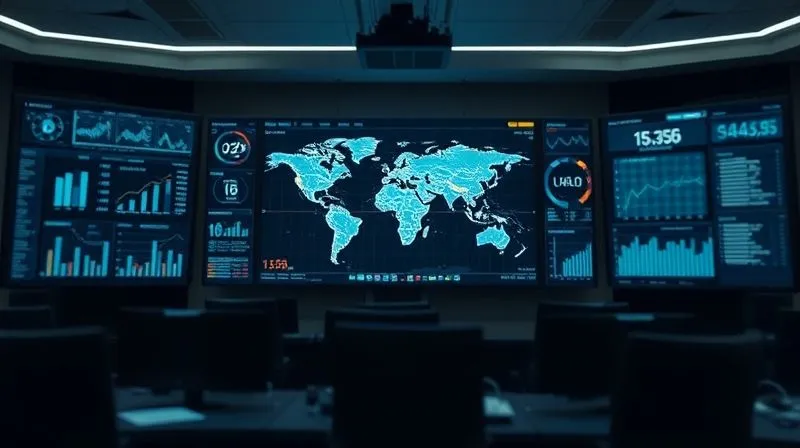 A photorealistic image of a sophisticated data visualization dashboard showing complex supply chain metrics, real-time tracking, and predictive risk indicators on multiple screens in a dimly lit control room. Glowing lines connect different regions on a world map display. Professional photography, 8K, cinematic lighting, sharp focus on the central screen, depth of field blurring the background, shot on a high-end DSLR.