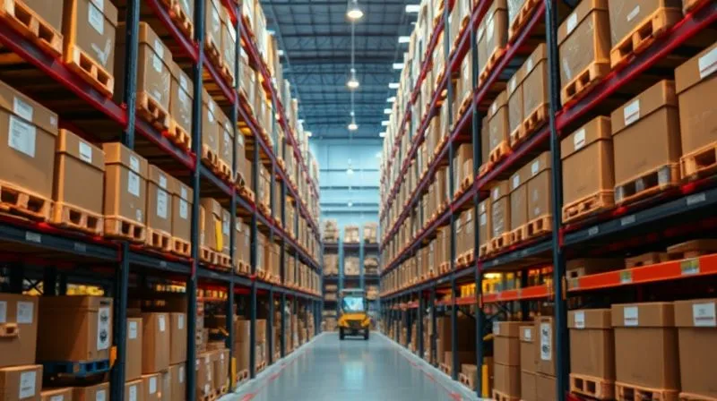 A photorealistic image of a highly organized, modern warehouse with automated systems. Shelves are filled with clearly labeled crates and boxes, some highlighted with a subtle glow representing critical safety stock. A digital display shows inventory levels and risk assessments. Professional photography, 8K, cinematic lighting, sharp focus on the central aisle, depth of field blurring the background, shot on a high-end DSLR.