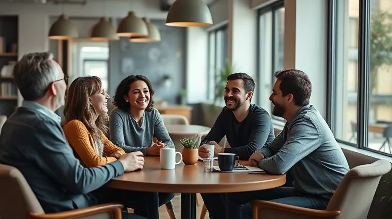 A photorealistic, warm image of a small team laughing and engaging in an informal meeting around a coffee table in a modern, cozy small business office. The atmosphere is collaborative and open, with soft, natural light. 8K, sharp focus, depth of field, shot on a high-end DSLR.