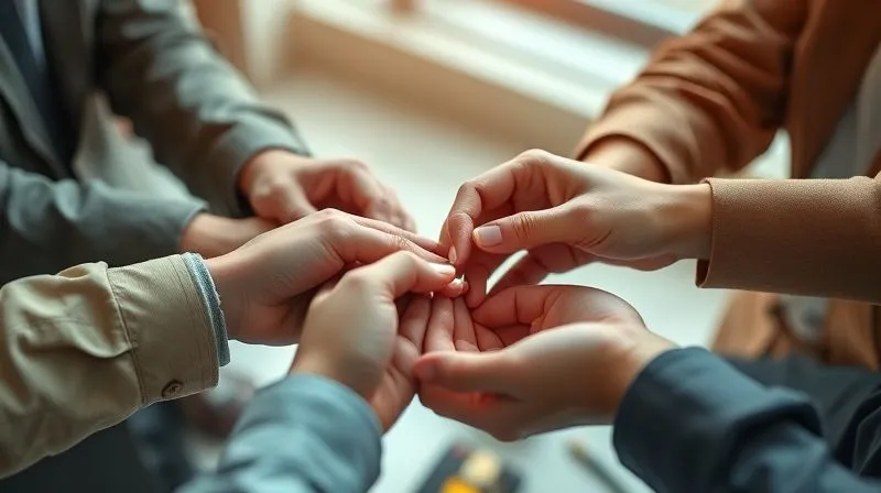 A photorealistic close-up of diverse hands collaborating on a small, intricate project, symbolizing teamwork and shared purpose in a small business setting. The hands are gently interacting, with warm, inviting light. 8K, sharp focus on the hands, depth of field blurring the background, shot on a high-end DSLR.