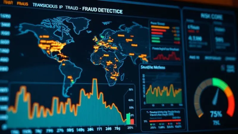 A photorealistic image of a sophisticated digital dashboard displaying various real-time fraud detection metrics: a world map with highlighted suspicious IP addresses, a graph showing transaction velocity spikes, and a risk score probability meter. The interface is clean, futuristic, and uses data visualization techniques, 8K, cinematic lighting, sharp focus, depth of field, professional photography shot on a high-end DSLR.