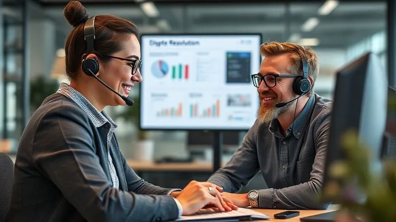 A photorealistic image of a customer service representative calmly assisting an international customer on a video call, with a dispute resolution dashboard visible on their screen in the background. The scene emphasizes empathy, efficiency, and clear communication in a professional office setting, 8K, cinematic lighting, sharp focus on the interaction, depth of field blurring the background, professional photography shot on a high-end DSLR.