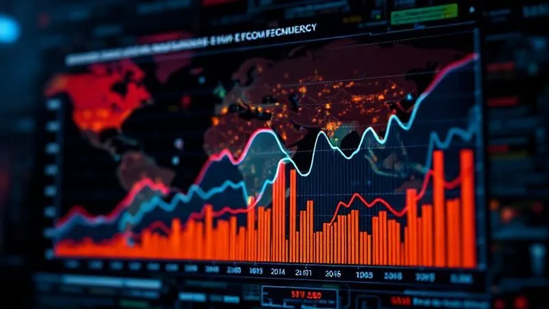 A photorealistic image of a complex data visualization showing trends in international e-commerce fraud over time. The graph displays rising fraud attempts and successful prevention rates, using vibrant colors against a dark background, with key metrics highlighted. Cinematic lighting, sharp focus on the data, depth of field blurring the technical background, 8K hyper-detailed, professional photography shot on a high-end DSLR.