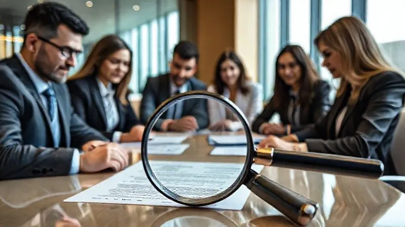 A photorealistic image of a diverse group of international business professionals meticulously reviewing documents and digital screens in a modern, well-lit conference room. A magnifying glass is prominently featured over a contract, symbolizing detailed due diligence. Professional photography, 8K, cinematic lighting, sharp focus on the documents, depth of field blurring the background, shot on a high-end DSLR.