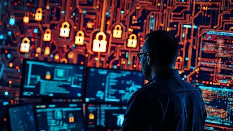A photorealistic image of a complex digital network overlayed with secure lock icons and glowing data streams, representing robust cybersecurity measures. In the foreground, a professional CISO monitors multiple screens displaying real-time threat intelligence. Professional photography, 8K, cinematic lighting, sharp focus on the digital interface, depth of field blurring the background, shot on a high-end DSLR.