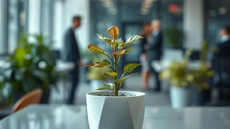 photorealistic, professional photography, 8K, cinematic lighting, sharp focus, depth of field, shot on a high-end DSLR. A visually striking, abstract representation of 'burnout' in a corporate setting. A single, wilting plant in a sleek, modern office pot, surrounded by blurred, bustling activity. The plant's leaves are slightly browned, contrasting with the vibrant green of other, healthy plants in the background. Soft, melancholic lighting highlights the wilting plant, evoking a sense of neglect and exhaustion.
