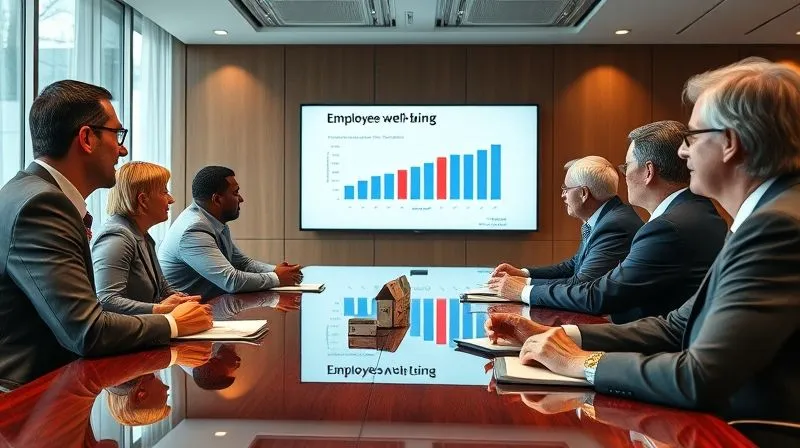 photorealistic, professional photography, 8K, cinematic lighting, sharp focus, depth of field, shot on a high-end DSLR. A diverse group of senior executives in a modern, well-lit board room, not in suits, but in smart casual attire. They are actively listening and taking notes during a presentation on employee well-being, with genuine expressions of engagement and concern. A lead executive gestures towards a screen displaying a graph on employee satisfaction, symbolizing leadership's commitment to internal welfare, light reflecting softly off a polished conference table.