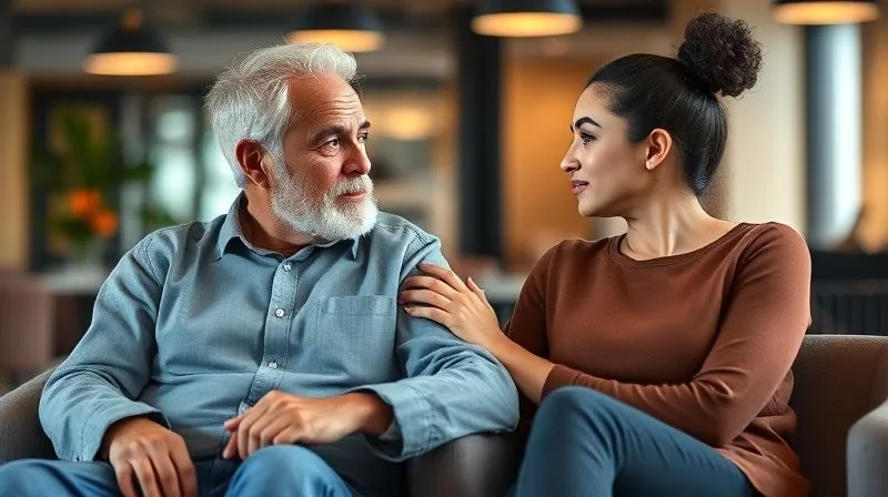 photorealistic, professional photography, 8K, cinematic lighting, sharp focus, depth of field, shot on a high-end DSLR. Two diverse colleagues, one visibly older and one younger, sitting comfortably in a well-designed office lounge area with soft lighting. They are engaged in a deep, empathetic conversation, maintaining eye contact. The older colleague has a reassuring hand on the younger colleague's arm, signifying support and trust. The background is softly blurred, focusing on their connection, evoking psychological safety and open communication.