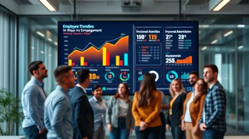 photorealistic, professional photography, 8K, cinematic lighting, sharp focus, depth of field, shot on a high-end DSLR. A dynamic, vibrant infographic displayed on a large monitor in a modern office, showing upward trends in employee engagement, decreased absenteeism, and improved well-being scores. The data is presented with clear, aesthetically pleasing graphs and icons, with a diverse team of employees in the blurred foreground looking confidently towards the screen, symbolizing measurable success and a thriving workforce.