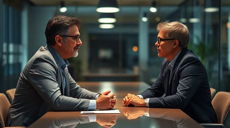 A photorealistic, professional photography, 8K, cinematic lighting, sharp focus, depth of field, shot on a high-end DSLR image of a manager and an employee sitting across a table, engaged in a deep, empathetic conversation. The manager is actively listening, leaning forward slightly, with an open posture. The employee appears comfortable and expressive. A subtle glow around them symbolizes trust and connection in a modern office setting.
