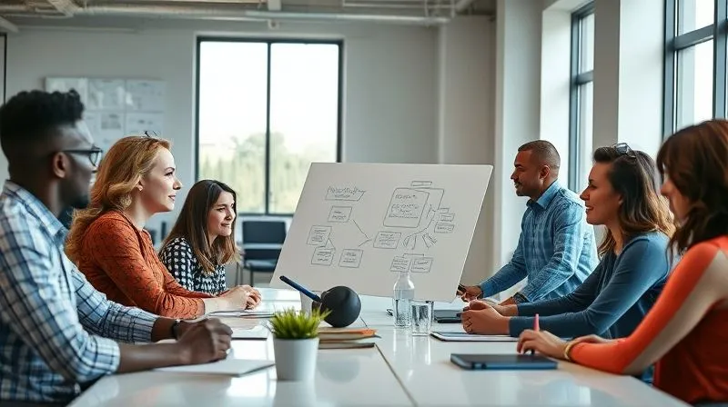 A photorealistic, professional photography, 8K, cinematic lighting, sharp focus, depth of field, shot on a high-end DSLR image of a diverse team collaborating around a table in a modern, brightly lit office. One team member is confidently presenting an idea on a whiteboard, while others are actively listening and offering constructive feedback with respectful body language. The atmosphere is open and encouraging, symbolizing psychological safety.