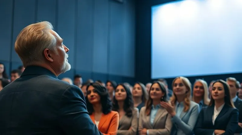 A photorealistic, professional photography, 8K, cinematic lighting, sharp focus, depth of field, shot on a high-end DSLR image of a diverse group of employees looking up with inspired expressions at a charismatic, visionary leader speaking from a stage in a modern, well-lit auditorium. The leader's posture is confident and open, and the audience appears engaged and motivated. The scene conveys a sense of unity and shared purpose, with a subtle aura of positive energy.