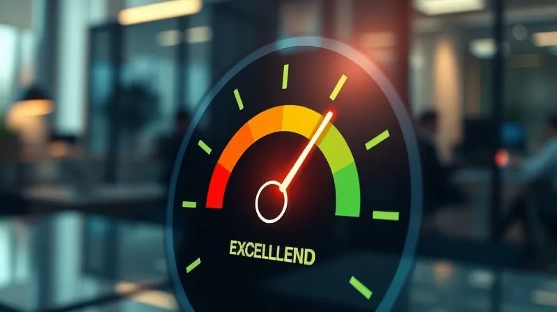 A photorealistic, professional photography, 8K, cinematic lighting, sharp focus, depth of field, shot on a high-end DSLR. A stylized, glowing credit score gauge with a needle pointing to 'Excellent' or 'Low Risk', overlaid with a subtle, abstract representation of flowing currency or data, set against a blurred background of a modern office environment. The image should evoke security and data-driven decision making.