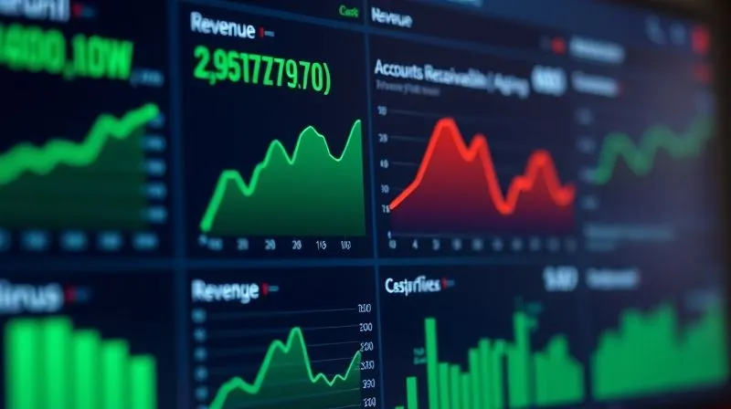A photorealistic, professional photography, 8K, cinematic lighting, sharp focus, depth of field, shot on a high-end DSLR. A digital dashboard displaying various financial metrics with green upward-trending graphs for 'Cash Flow' and 'Revenue', but a prominent, slightly larger, red downward-trending graph for 'Accounts Receivable Aging'. The dashboard is clean, modern, and has subtle alerts or notifications indicating potential issues. The image should convey data monitoring and financial oversight.