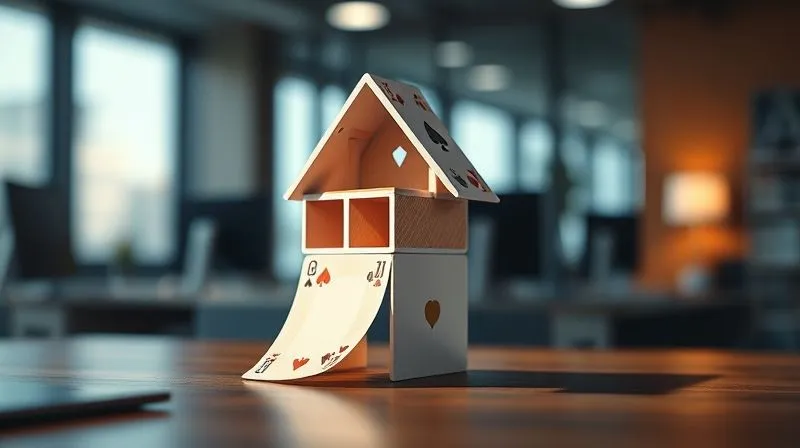 photorealistic, professional photography, 8K, cinematic lighting, sharp focus, depth of field, shot on a high-end DSLR. A small, intricately built house of cards teetering precariously on a desk, with one crucial card at the base slowly slipping away, casting a long, dramatic shadow. The background is a blurred, modern office environment, symbolizing the business structure. The mood is one of fragility and impending collapse.