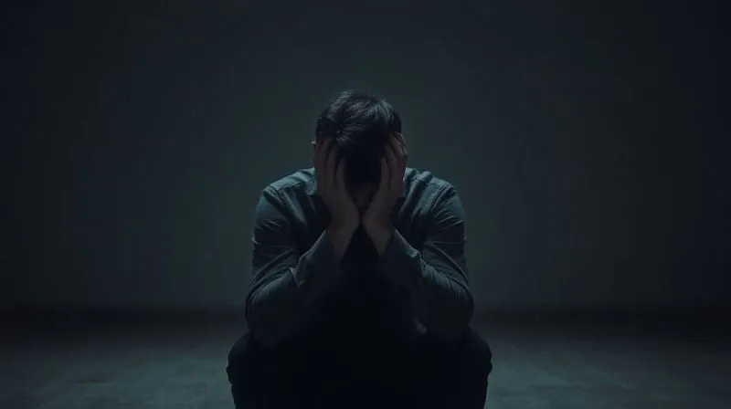 A photorealistic image of a person sitting alone in a dimly lit room, head in hands, expressing deep contemplation and quiet sorrow, but with a subtle hint of determination in their posture. professional photography, 8K, cinematic lighting, sharp focus, depth of field, shot on a high-end DSLR, emotionally resonant.