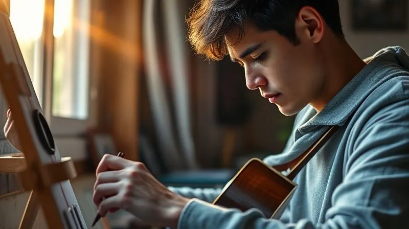 A photorealistic image of a person engaged in a calming hobby like painting or playing a musical instrument, with a serene and focused expression, light streaming in from a window. professional photography, 8K, cinematic lighting, sharp focus, depth of field, shot on a high-end DSLR, emotionally resonant.