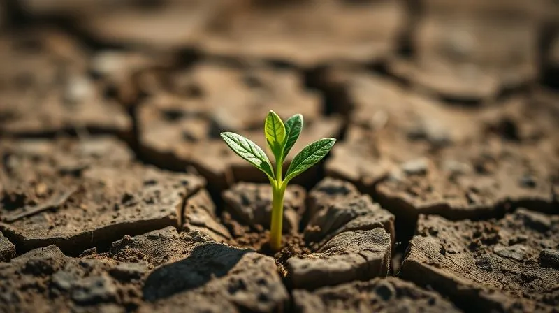 A photorealistic image of a vibrant green sprout pushing through cracked, dry earth, symbolizing new beginnings and growth after adversity. professional photography, 8K, cinematic lighting, sharp focus, depth of field, shot on a high-end DSLR, emotionally resonant.
