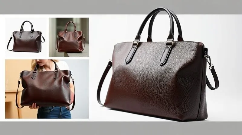 A photorealistic e-commerce product page screenshot showing a high-resolution image gallery for a stylish leather handbag, with multiple angles, a lifestyle shot on a model, and a detailed close-up of the texture. The lighting is soft and professional, highlighting the product's features. The background is clean and minimalistic. 8K, sharp focus, depth of field.