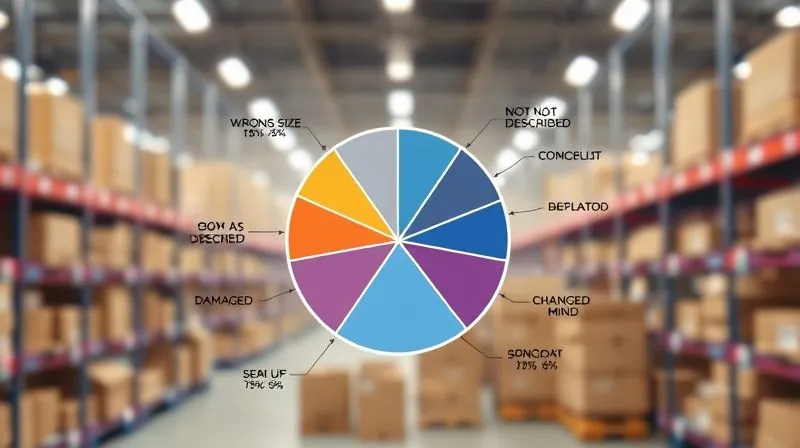 A photorealistic infographic showing a pie chart breaking down common e-commerce return reasons (e.g., 'Wrong Size,' 'Not as Described,' 'Damaged,' 'Changed Mind'). Each slice is clearly labeled with percentages, and small, relevant icons represent each reason. The chart is clean, modern, and easy to interpret, set against a subtle, blurred background of a bustling e-commerce fulfillment center. 8K, sharp focus.