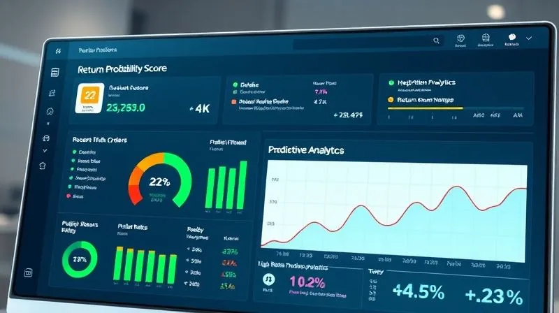A photorealistic, sleek digital dashboard interface displaying various e-commerce return metrics with a focus on predictive analytics. The screen shows a 'Return Probability Score' for recent orders, a heat map of high-risk return products, and a trend line showing the impact of policy changes on return rates. The design is modern, clean, with subtle blue and green tones, suggesting data clarity and positive outcomes. 8K, sharp focus, cinematic lighting.