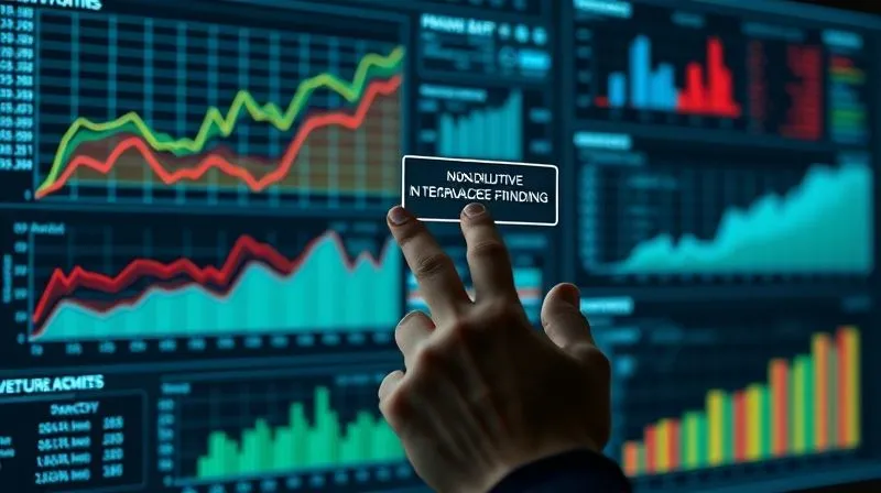 A photorealistic, professional photography, 8K, cinematic lighting, sharp focus, depth of field, shot on a high-end DSLR. Image of a complex financial dashboard displaying various growth curves and investment opportunities, with a hand pointing to non-dilutive financing options like 'Revenue-Based Funding' and 'Venture Debt', suggesting smart, strategic capital acquisition. A photorealistic, professional photography, 8K, cinematic lighting, sharp focus, depth of field, shot on a high-end DSLR. Image of a complex financial dashboard displaying various growth curves and investment opportunities, with a hand pointing to non-dilutive financing options like 'Revenue-Based Funding' and 'Venture Debt', suggesting smart, strategic capital acquisition.