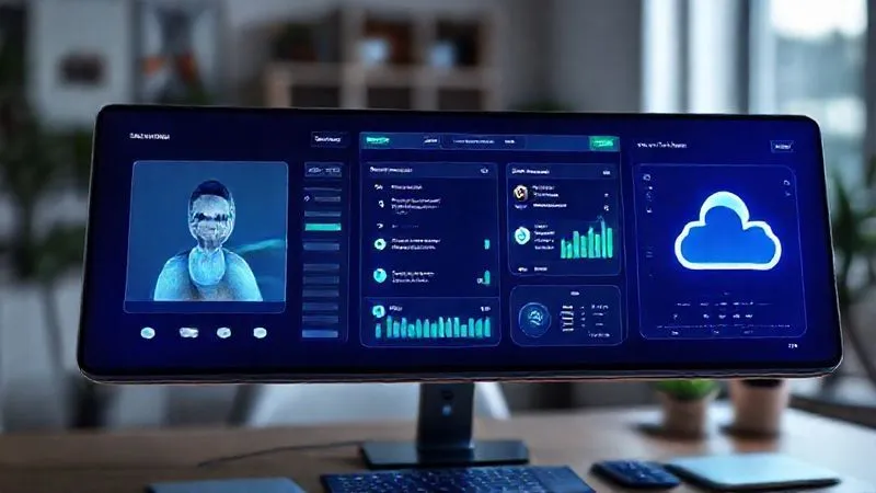 Photorealistic image of a sleek, modern digital dashboard displaying various interconnected software interfaces: a video call window, a project management board with tasks, a chat application, and a cloud storage drive, all seamlessly integrated. The dashboard is glowing with soft blue and green light, set against a blurred background of a minimalist home office. Cinematic lighting, sharp focus on the interconnected interfaces, depth of field, 8K hyper-detailed. Photorealistic image of a sleek, modern digital dashboard displaying various interconnected software interfaces: a video call window, a project management board with tasks, a chat application, and a cloud storage drive, all seamlessly integrated. The dashboard is glowing with soft blue and green light, set against a blurred background of a minimalist home office. Cinematic lighting, sharp focus on the interconnected interfaces, depth of field, 8K hyper-detailed.