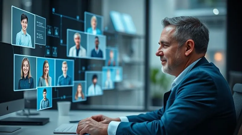 A photorealistic image of a leader at a desk, looking at multiple floating holographic screens displaying diverse team members in different locations. The leader has a focused, empathetic expression, with subtle digital lines connecting them to their team members, symbolizing connection and oversight. Cinematic lighting, sharp focus on the leader, depth of field, 8K, shot on a high-end DSLR.