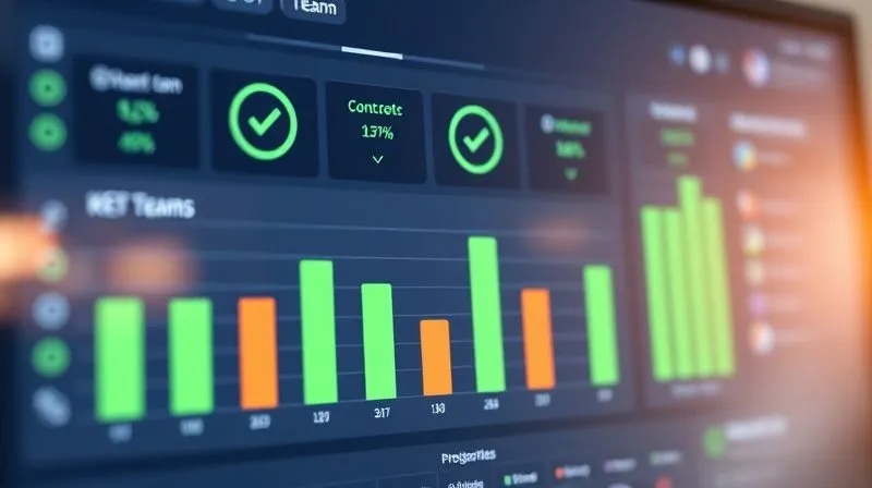A photorealistic image of a digital dashboard displaying progress bars and key performance indicators (KPIs) for a remote team. The dashboard is clean and modern, with green checkmarks and positive trends, symbolizing achievement and clarity. Cinematic lighting, sharp focus on the data points, depth of field, 8K, shot on a high-end DSLR, conveying organized success.