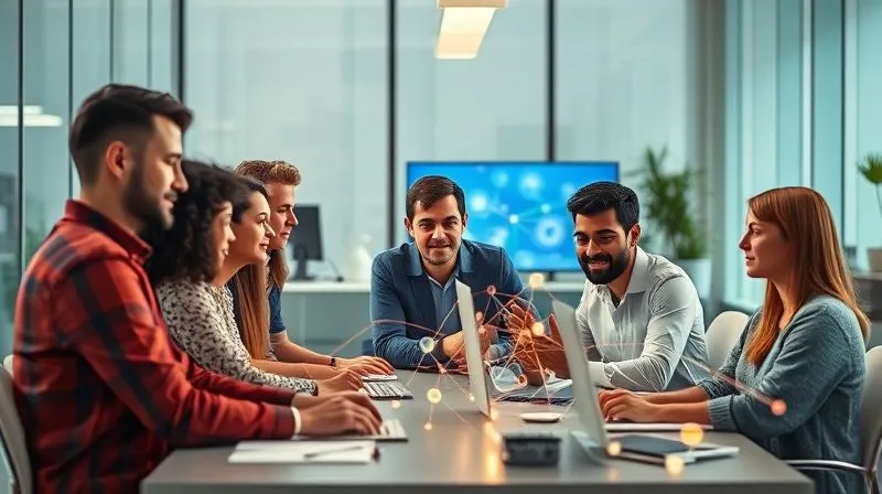 A photorealistic image depicting a diverse team collaborating seamlessly in a hybrid work environment. One half of the image shows team members in a modern, bright office, while the other half shows individuals working remotely from home offices, all connected by glowing digital lines converging on a central, shared project interface. Cinematic lighting, sharp focus on the faces and screens, depth of field, 8K, shot on a high-end DSLR, conveying unity in diversity.