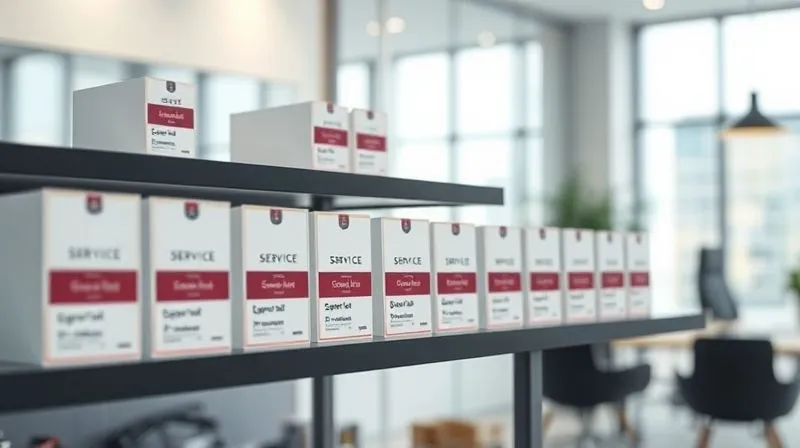Photorealistic image of a shelf displaying neatly packaged, uniform 'service products' in elegant boxes, symbolizing standardized offerings, against a soft-focus background of a modern office. 8K, cinematic lighting, sharp focus on the 'products', depth of field, shot on a high-end DSLR Photorealistic image of a shelf displaying neatly packaged, uniform 'service products' in elegant boxes, symbolizing standardized offerings, against a soft-focus background of a modern office. 8K, cinematic lighting, sharp focus on the 'products', depth of field, shot on a high-end DSLR
