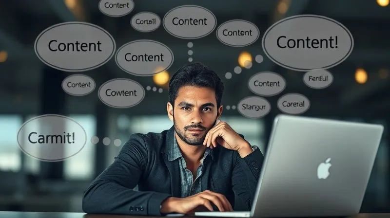 A photorealistic image of a person at a laptop, surrounded by thought bubbles containing keywords and content ideas, symbolizing creative content generation, cinematic lighting, sharp focus on the person's thoughtful expression, depth of field, 8K hyper-detailed. A photorealistic image of a person at a laptop, surrounded by thought bubbles containing keywords and content ideas, symbolizing creative content generation, cinematic lighting, sharp focus on the person's thoughtful expression, depth of field, 8K hyper-detailed.