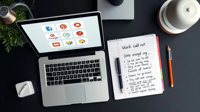 A photorealistic top-down view of a minimalistic desk setup, with a laptop displaying various free online tool logos (e.g., Google My Business, Canva, Mailchimp, Trello), surrounded by a notebook with handwritten notes, symbolizing strategic planning with digital resources, professional lighting, 8K hyper-detailed. A photorealistic top-down view of a minimalistic desk setup, with a laptop displaying various free online tool logos (e.g., Google My Business, Canva, Mailchimp, Trello), surrounded by a notebook with handwritten notes, symbolizing strategic planning with digital resources, professional lighting, 8K hyper-detailed.
