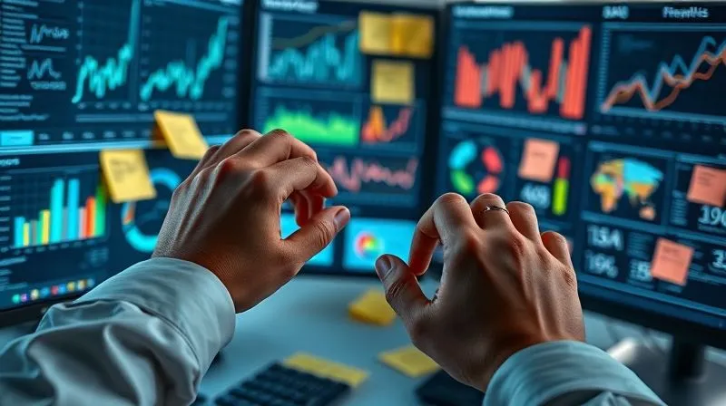 A photorealistic close-up of a data scientist's hands analyzing complex charts and graphs on multiple screens, surrounded by sticky notes with insights from user feedback and analytics, conveying deep analysis and problem-solving in a focused, professional environment. Cinematic lighting, sharp focus on the hands and screens, depth of field blurring the background, 8K hyper-detailed, professional photography, shot on a high-end DSLR. A photorealistic close-up of a data scientist's hands analyzing complex charts and graphs on multiple screens, surrounded by sticky notes with insights from user feedback and analytics, conveying deep analysis and problem-solving in a focused, professional environment. Cinematic lighting, sharp focus on the hands and screens, depth of field blurring the background, 8K hyper-detailed, professional photography, shot on a high-end DSLR.