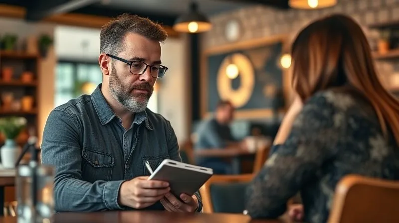 A photorealistic image of a small business owner intently listening to a customer in a relaxed, friendly cafe setting, making notes on a pad. The focus is on the genuine connection and active listening, with warm, inviting cinematic lighting, sharp focus on their interacting faces, depth of field blurring the background, 8K hyper-detailed, professional photography, shot on a high-end DSLR. A photorealistic image of a small business owner intently listening to a customer in a relaxed, friendly cafe setting, making notes on a pad. The focus is on the genuine connection and active listening, with warm, inviting cinematic lighting, sharp focus on their interacting faces, depth of field blurring the background, 8K hyper-detailed, professional photography, shot on a high-end DSLR.