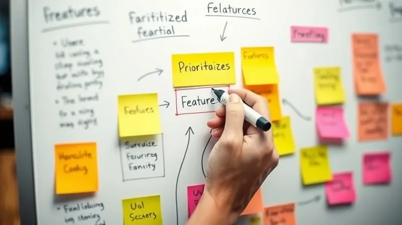 A photorealistic image of a whiteboard covered with concise, color-coded sticky notes representing prioritized features and user stories, with clear arrows indicating connections and dependencies. A hand is holding a marker, pointing to a key feature, symbolizing focused development and strategic planning. Cinematic lighting, sharp focus on the whiteboard, depth of field blurring the background, 8K hyper-detailed, professional photography, shot on a high-end DSLR. A photorealistic image of a whiteboard covered with concise, color-coded sticky notes representing prioritized features and user stories, with clear arrows indicating connections and dependencies. A hand is holding a marker, pointing to a key feature, symbolizing focused development and strategic planning. Cinematic lighting, sharp focus on the whiteboard, depth of field blurring the background, 8K hyper-detailed, professional photography, shot on a high-end DSLR.