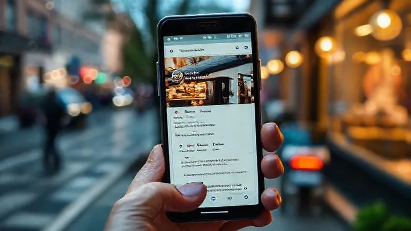 A photorealistic image of a smartphone displaying a Google My Business profile for a local bakery, with customer reviews and photos, sharp focus on the phone screen, depth of field blurring a busy street in the background, cinematic lighting, 8K hyper-detailed.