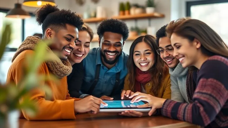 A photorealistic image of diverse people happily interacting in a vibrant local community group on a tablet screen, sharp focus on the tablet, depth of field blurring a cozy coffee shop background, cinematic lighting, 8K hyper-detailed.