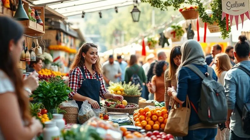 A photorealistic image of a vibrant, bustling local farmers' market with a small business owner engaging with customers at a beautifully decorated stall, fresh produce and handmade goods on display, warm afternoon light, sharp focus on the interaction, depth of field blurring the background crowd, 8K hyper-detailed.