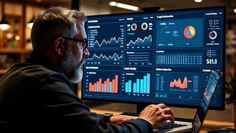 A photorealistic image of a business owner reviewing a digital dashboard filled with local marketing analytics: graphs showing foot traffic, online inquiries, and Google My Business performance, sharp focus on the data, depth of field blurring a laptop keyboard, cinematic lighting, 8K hyper-detailed.
