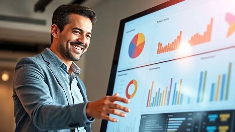 A photorealistic image showing two diverse business professionals, one younger and one older, smiling and easily interacting with a sleek, minimalist BI dashboard on a large touch screen. The screen displays clear, colorful charts and graphs. Cinematic lighting, sharp focus, depth of field, 8K hyper-detailed.