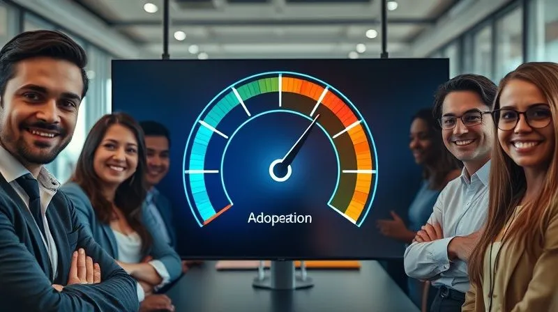 A photorealistic image of a vibrant, multi-colored progress bar or gauge on a digital screen, with the needle firmly in the "High Adoption" zone. Surrounding the screen are smiling, confident business people in a modern office. Cinematic lighting, sharp focus, depth of field, 8K hyper-detailed.