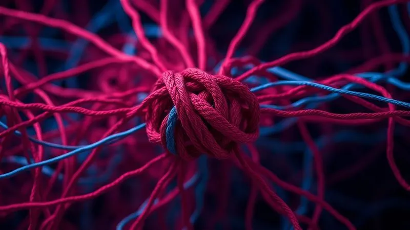 A photorealistic image of a tangled web of red and blue threads, symbolizing complex communication channels and decision paths. One central knot is tightly bound, representing a bottleneck. The scene is bathed in cool, analytical cinematic lighting, sharp focus on the knot, with a shallow depth of field. Professional photography, 8K, shot on a high-end DSLR.