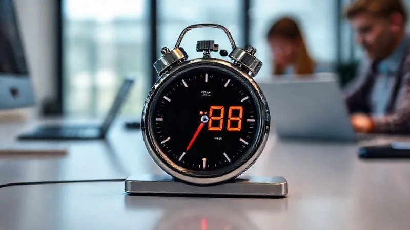 A photorealistic image of a digital stopwatch prominently displayed on a sleek, minimalist desk, with blurred remote team members collaborating on laptops in the background. The stopwatch shows a short, critical time remaining. Cinematic lighting, sharp focus on the stopwatch, depth of field blurring the background. Professional photography, 8K, shot on a high-end DSLR.