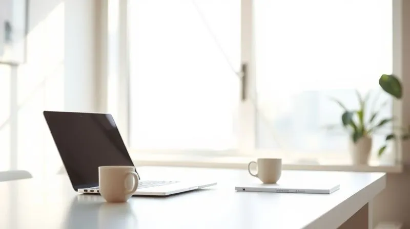 A photorealistic, professional photography, 8K, cinematic lighting, sharp focus, depth of field, shot on a high-end DSLR of a clean, minimalist home office desk bathed in soft natural light from a large window. A single, open laptop shows a clean desktop, with a small potted plant and a ceramic mug nearby. The scene exudes calm and focus, with a slight blur in the background suggesting depth.
